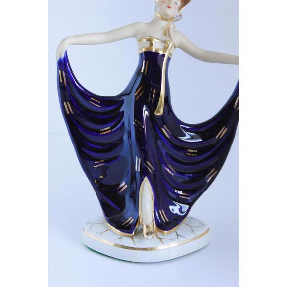 Art Deco Moriyama Dancing Lady Figure Bonnet Cobalt Blue Porcelain Hinode Japan - Picture 4 of 15